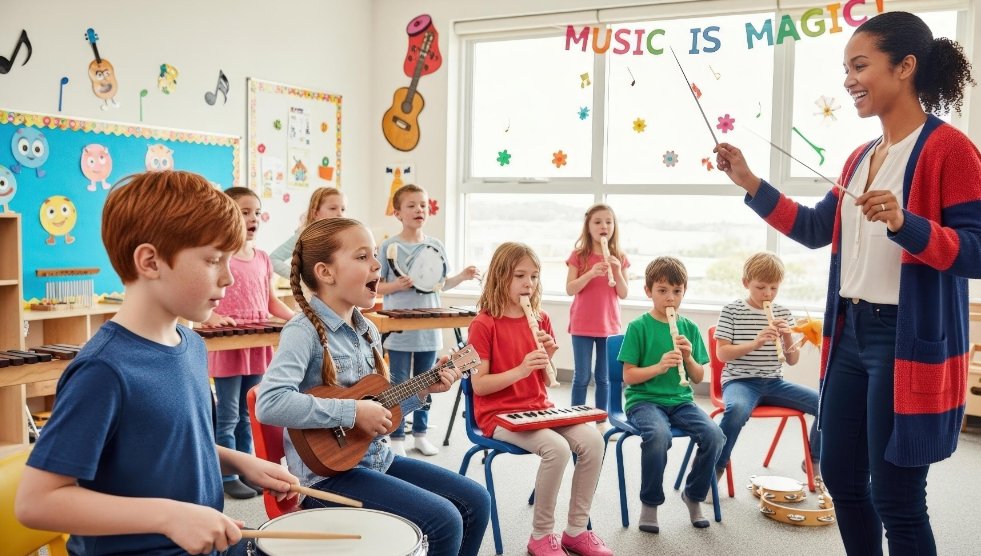 Children playing instruments in a bright music class while a teacher conducts
