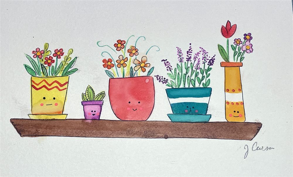 Cheerful watercolor flowers in colorful pots, painted by young students